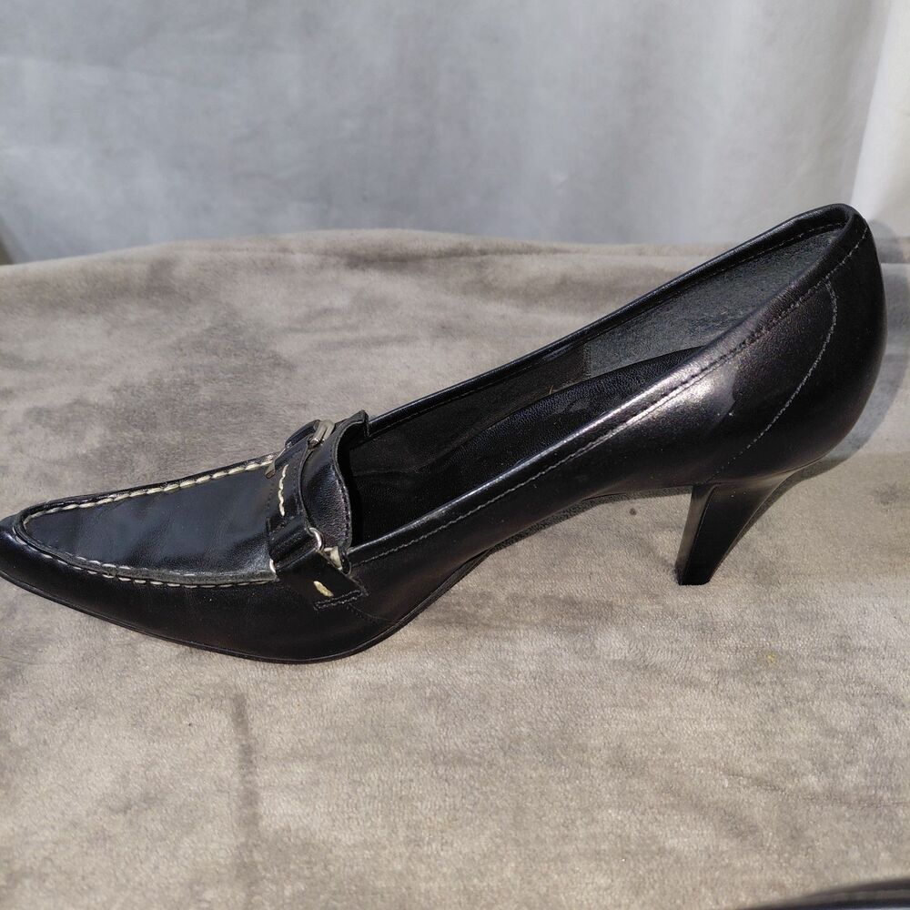 Franco Sarto Pump Heel Womens 8M Black Leather Pointed Toe High Stiletto Buckle - Picture 5 of 14